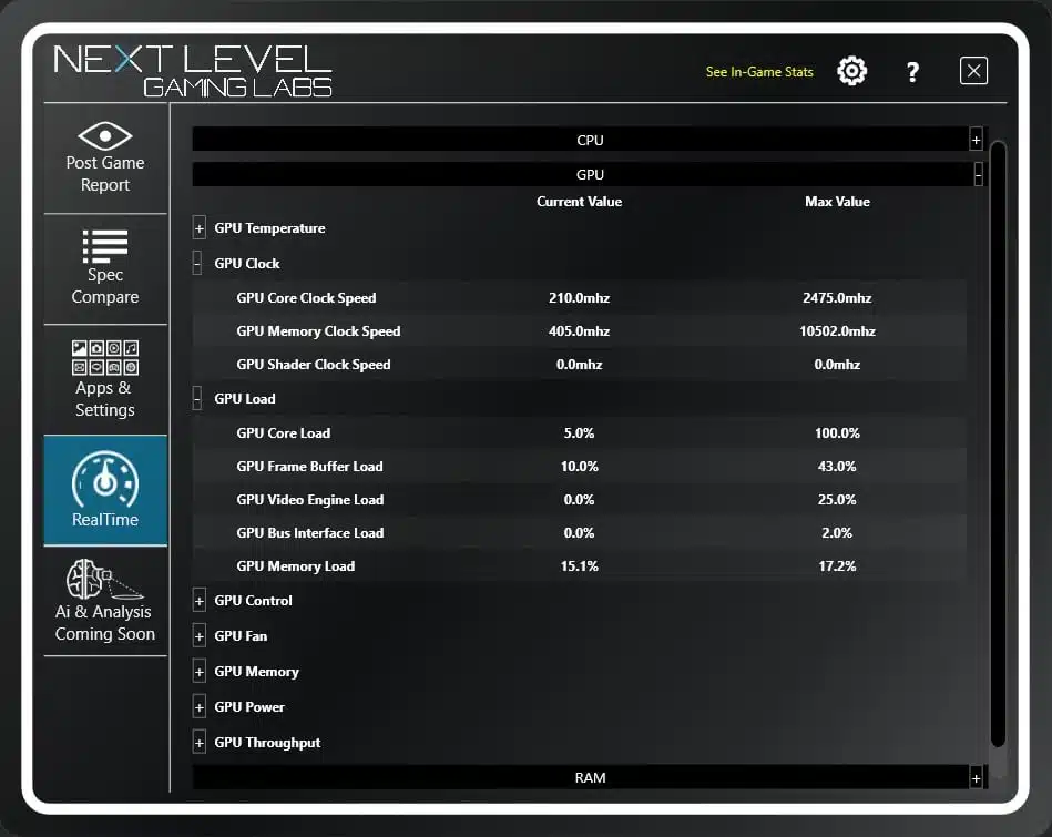 Real-Time tab shows real-time performance metrics for key system components.